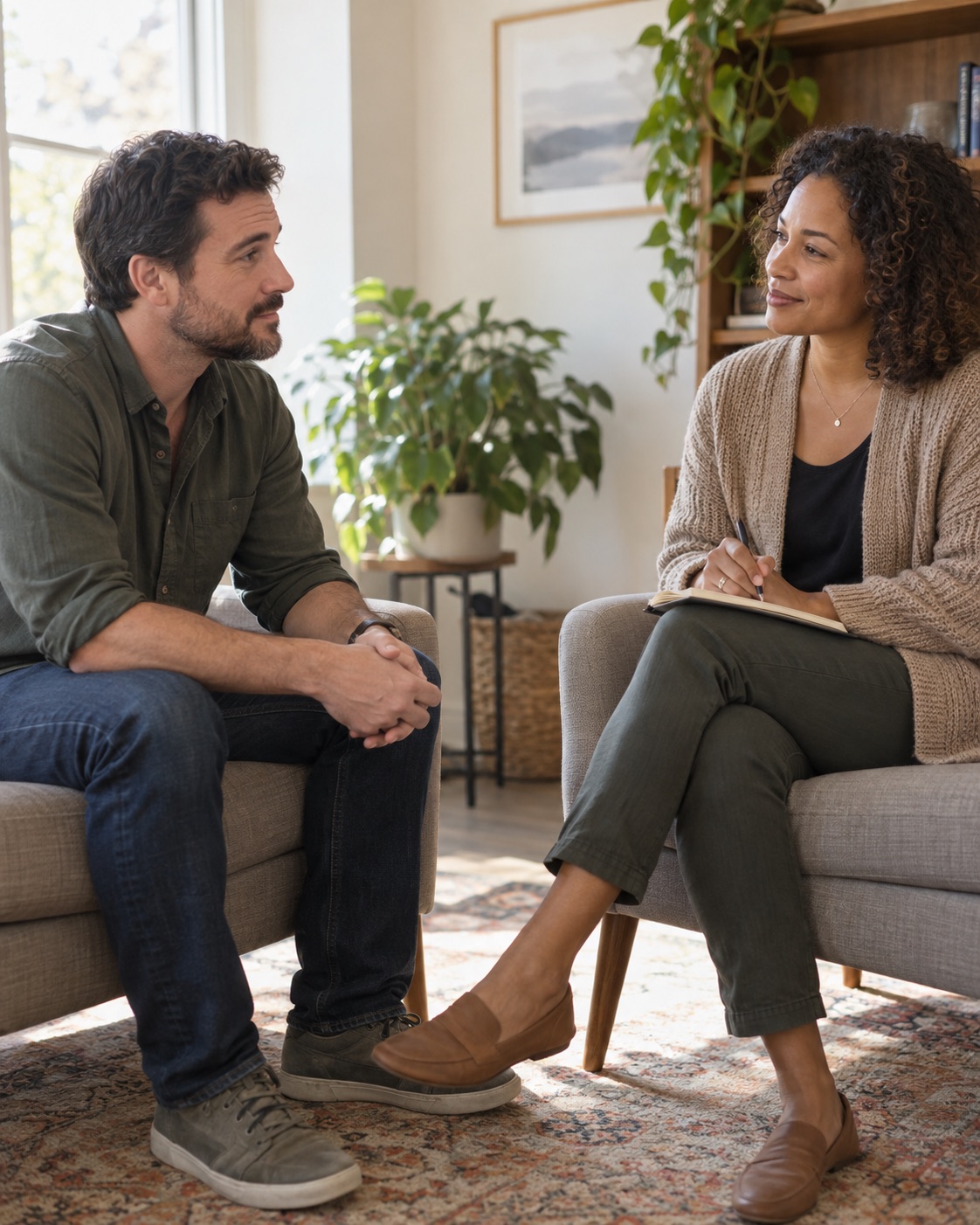Recovery coach listening to an adult client